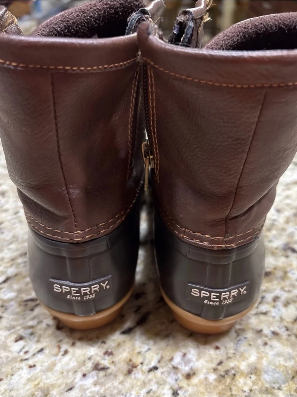 Sperry Two-Tone Chocolate Brown and Tan Duck Boots. Girls size 3M